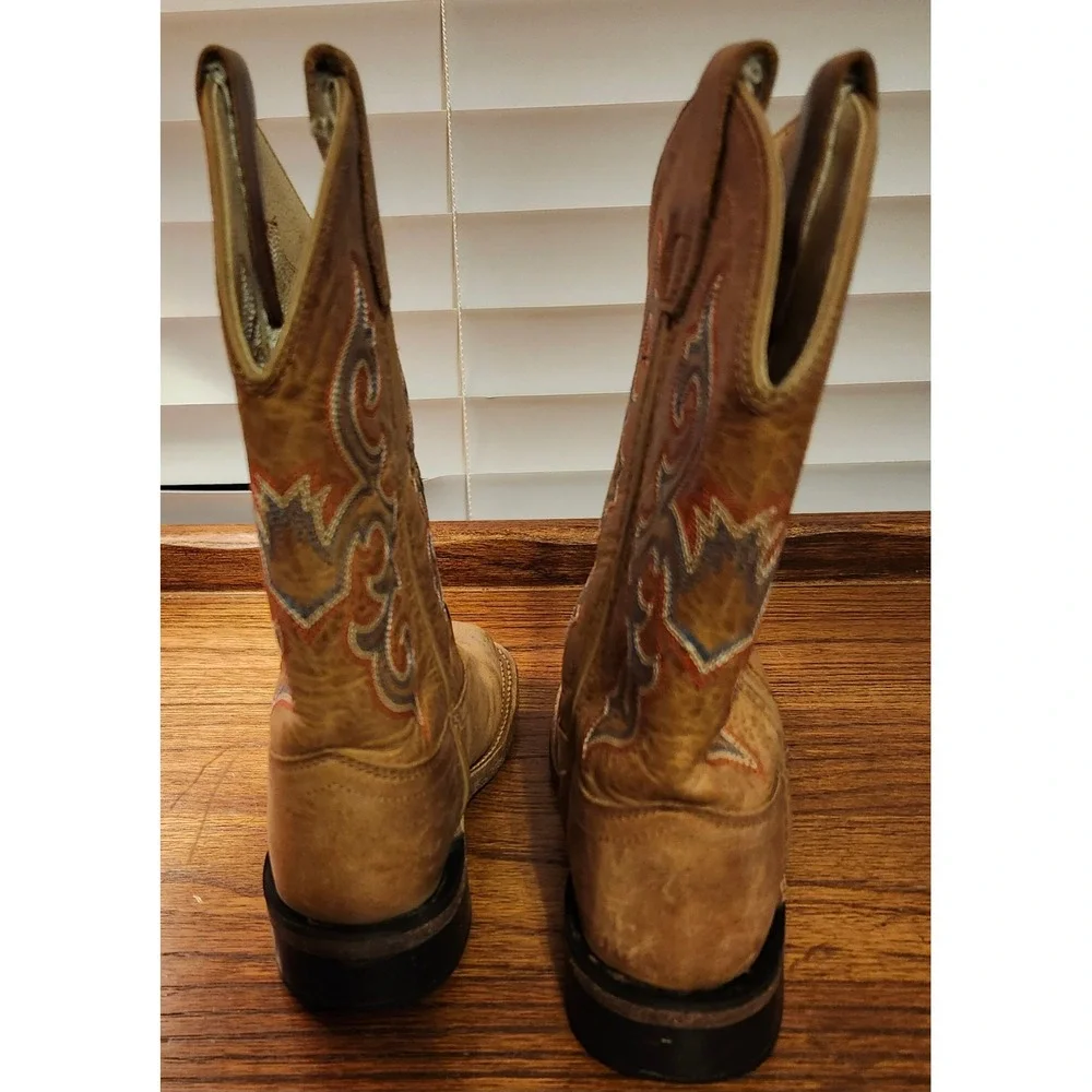 Old West Kid Tan Leather Square Toe Cowboy Boots BSC1818 Size 12D Western Stitch